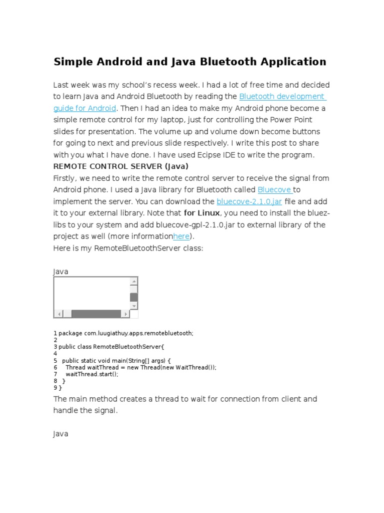 Simple Android and Java Bluetooth Application PDF Java (Programming Language) Android