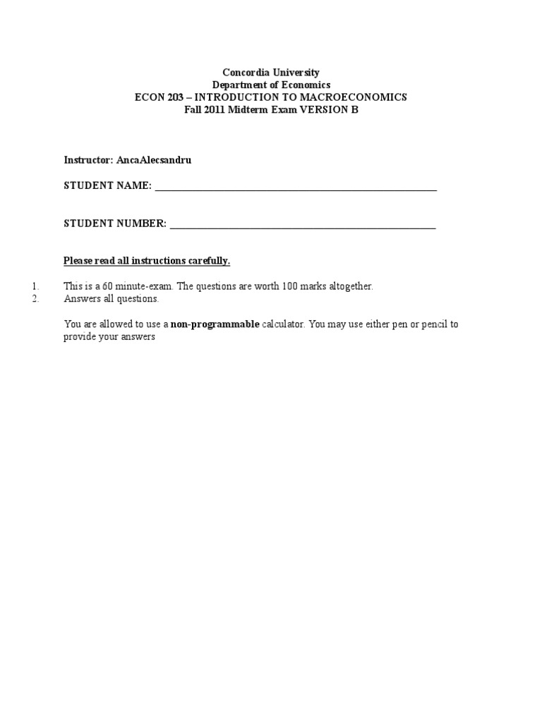 ECON 203 Fall 2011 Midterm Exam | PDF | Government Budget Balance ...
