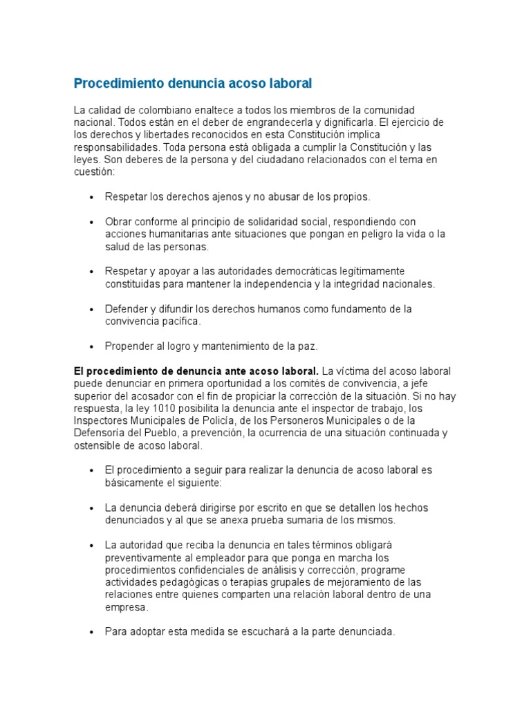 Procedimiento de Denuncia Acoso Laboral | PDF | Derecho laboral | Adopción