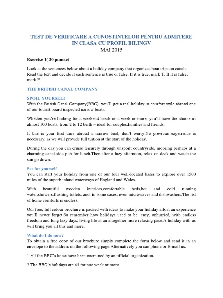 Bilingual Admission Test Model 2015 | PDF