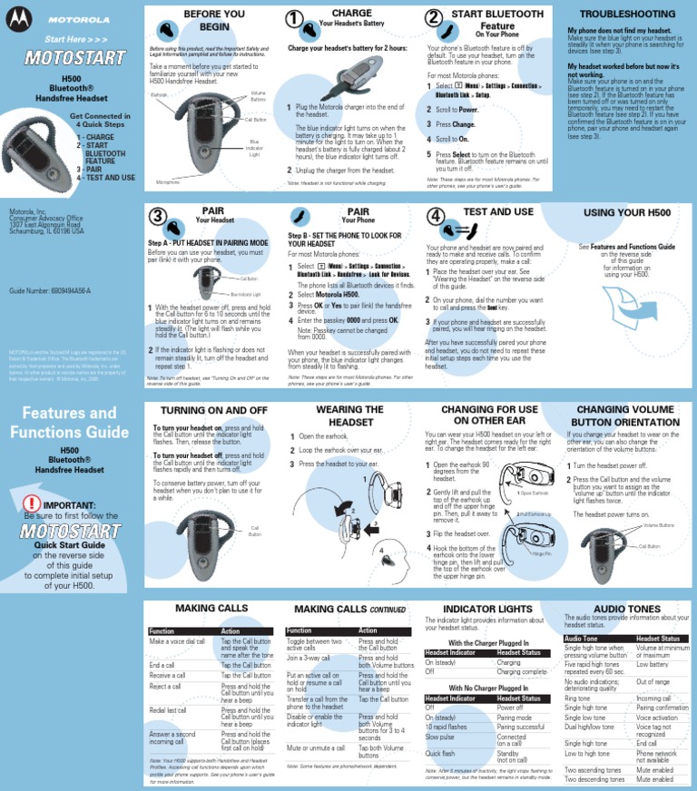 motorola H500 bluetooth earpiece manual | Bluetooth | Telephone