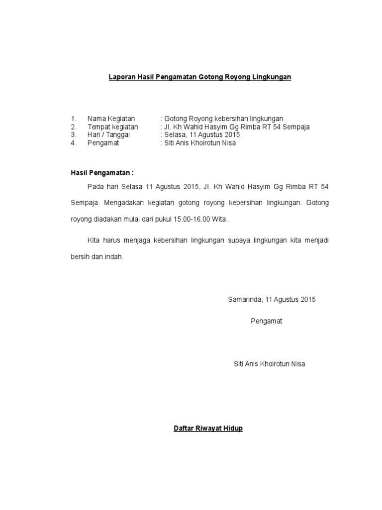 Laporan Hasil Pengamatan Gotong Royong Lingkungan