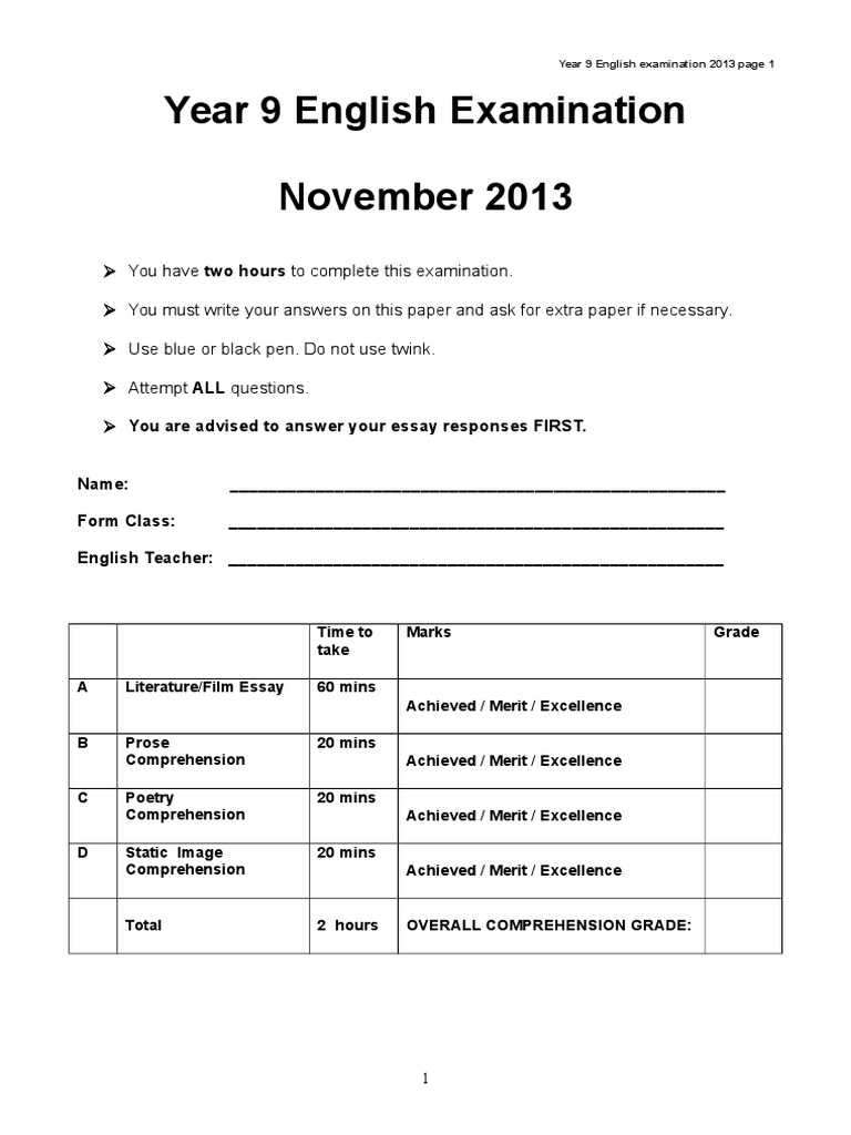 year 9 exam 2013 Test (Assessment) Reading Comprehension