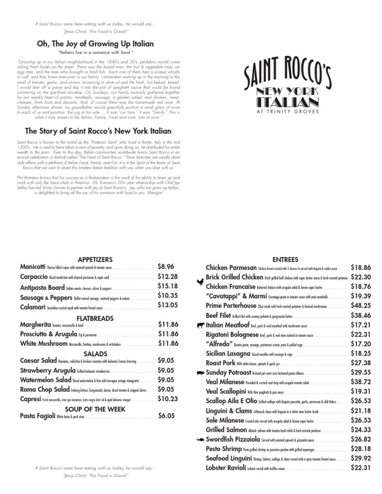 Saint Rocco's Dinner Menu Italian Cuisine Tomato Sauce