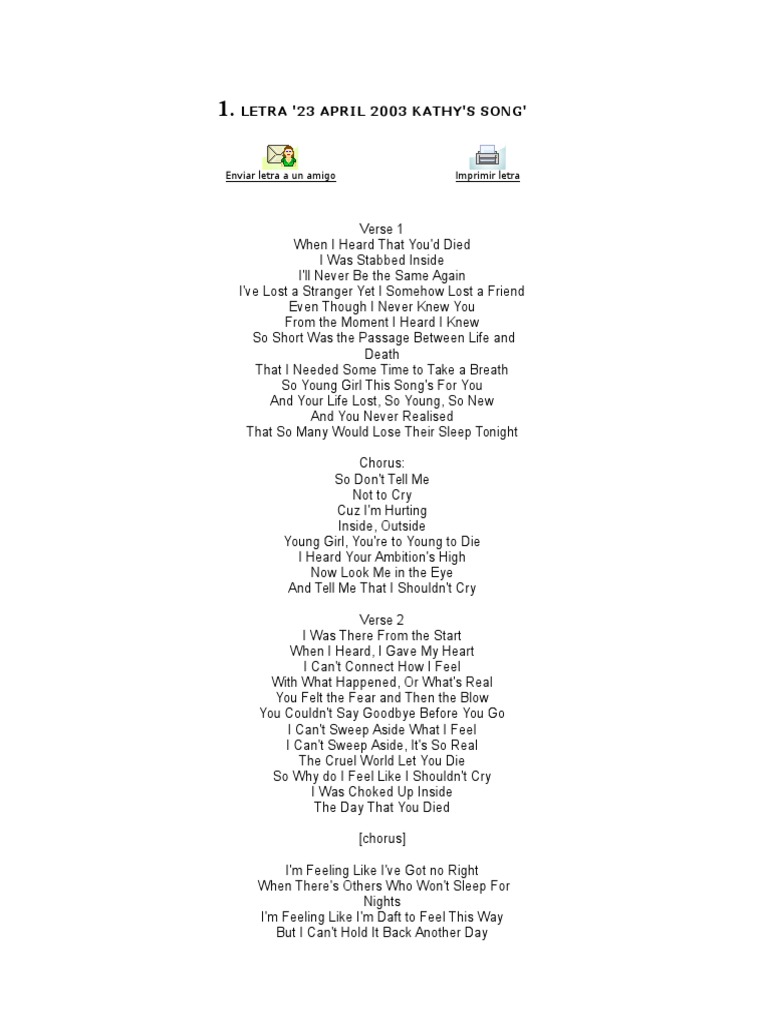 Letra '23 April 2003 Kathy'S Song': Enviar Letra A Un Amigo Imprimir ...