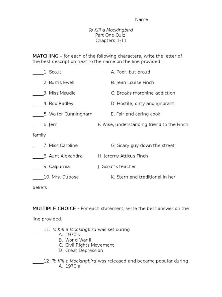 To Kill A Mockingbird Part One Quiz To Kill A Mockingbird Violence