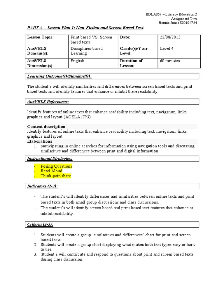 Lesson Plan: Print vs. Screen Texts | PDF | Social Science | Computers