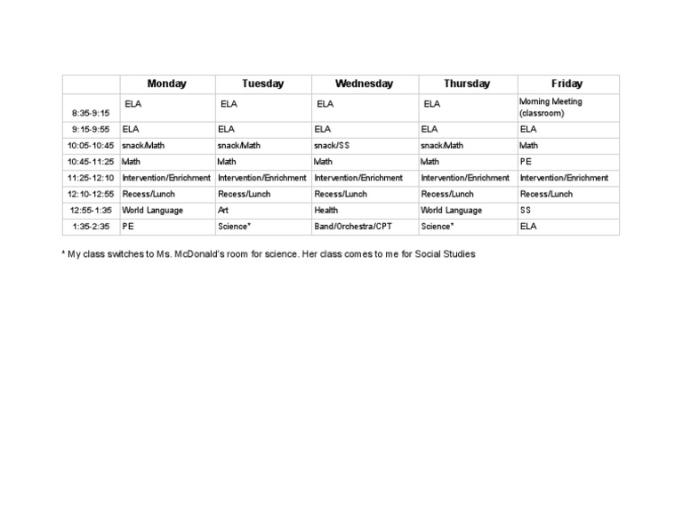 Weekly Class Schedule Overview | PDF | Language Arts & Discipline