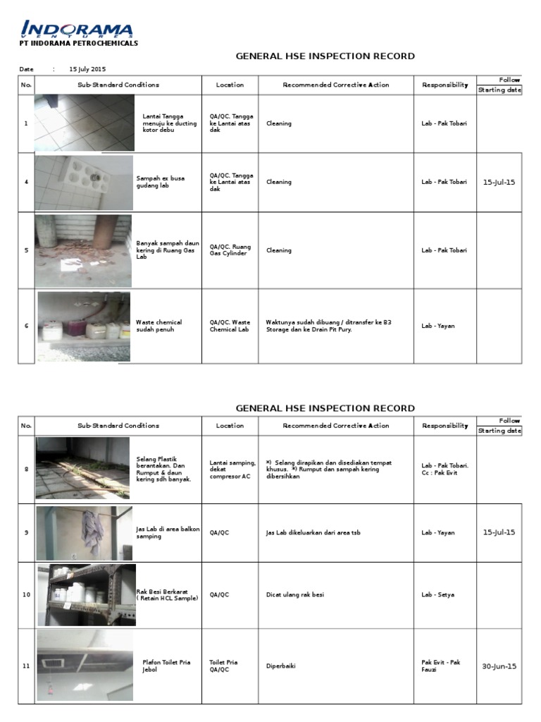 HSE Inspection Record for PT Indorama | PDF | Technology & Engineering