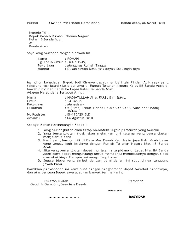 Surat Permohonan Izin Pindah Napi Pdf