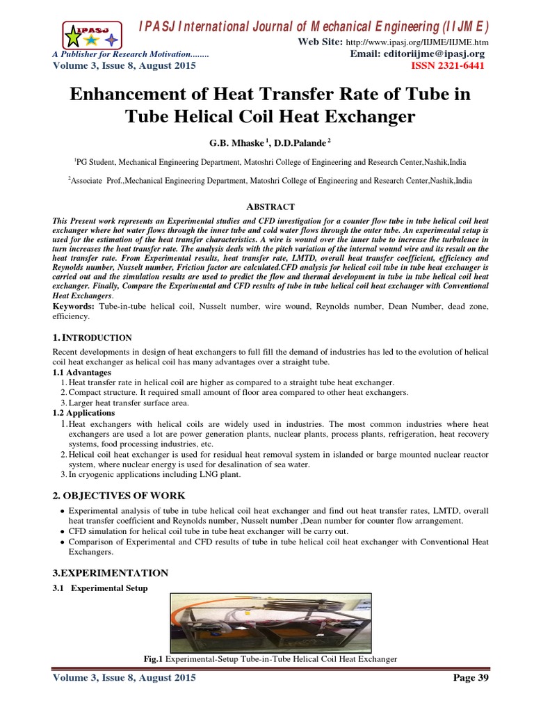 Enhancement of Heat Transfer Rate of Tube in Tube Helical Coil Heat ...