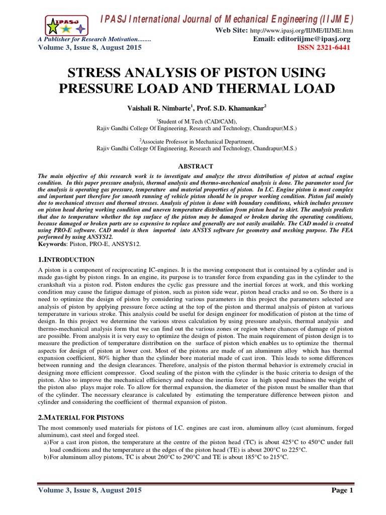 Stress Analysis of Piston Using Pressure Load and Thermal Load | PDF ...