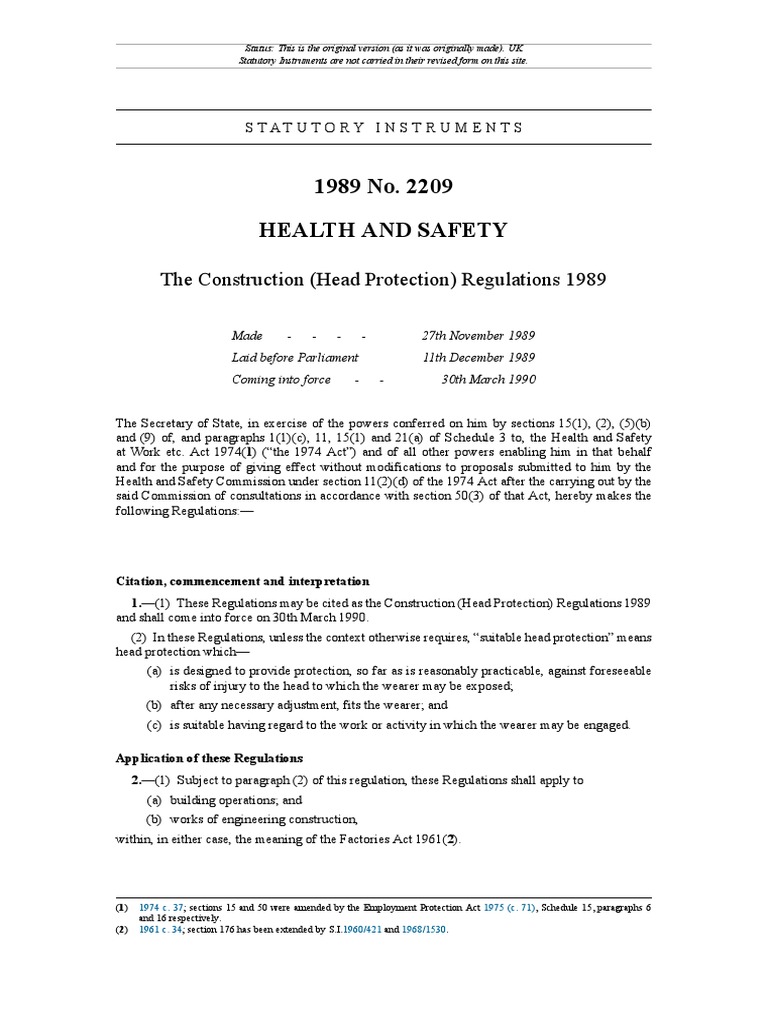 1989 No. 2209 Health and Safety The Construction (Head Protection