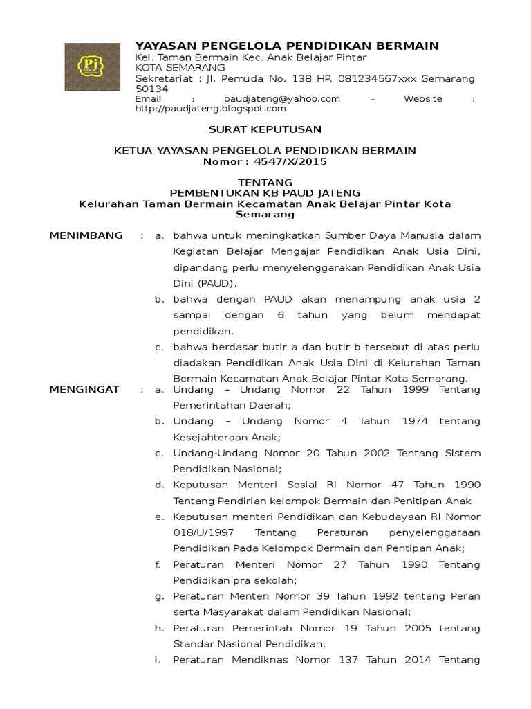 Contoh Surat Keputusan Sk Pendirian Paud