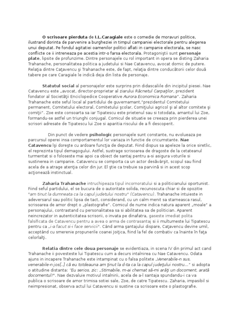 O scrisoare pierduta - Relatia dintre doua personaje