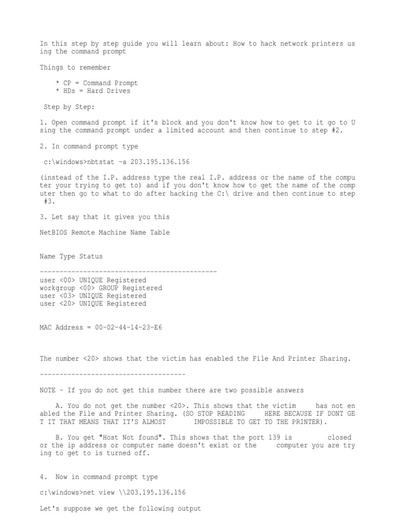 Hacking Network Printers With The Command Prompt | PDF