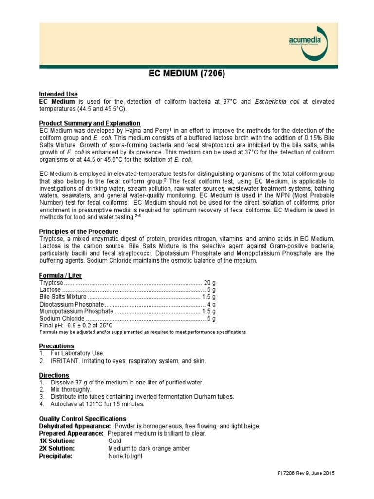 EC MEDIUM (7206) : Formula May Be Adjusted And/or Supplemented As ...