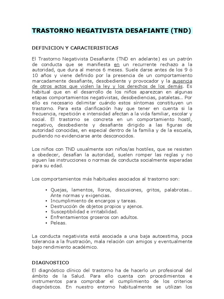 Trastorno Negativista Desafiante (TND) PDF Comportamiento Aprendizaje