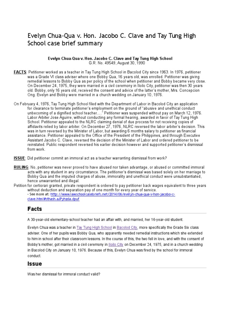 Evelyn ChuaQua v. Hon. Jacobo C. Clave and Tay Tung High School Case