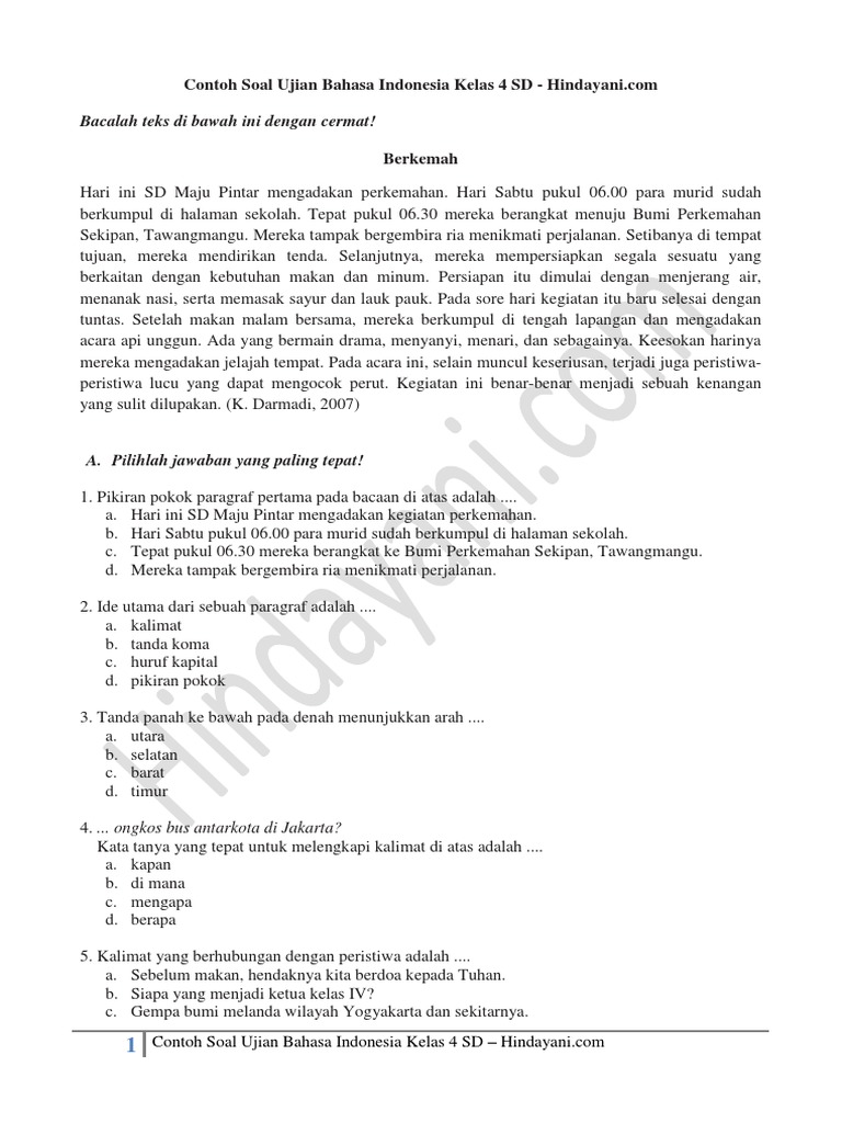 Contoh Soal Ujian Bahasa Indonesia Kelas 4 SD | PDF