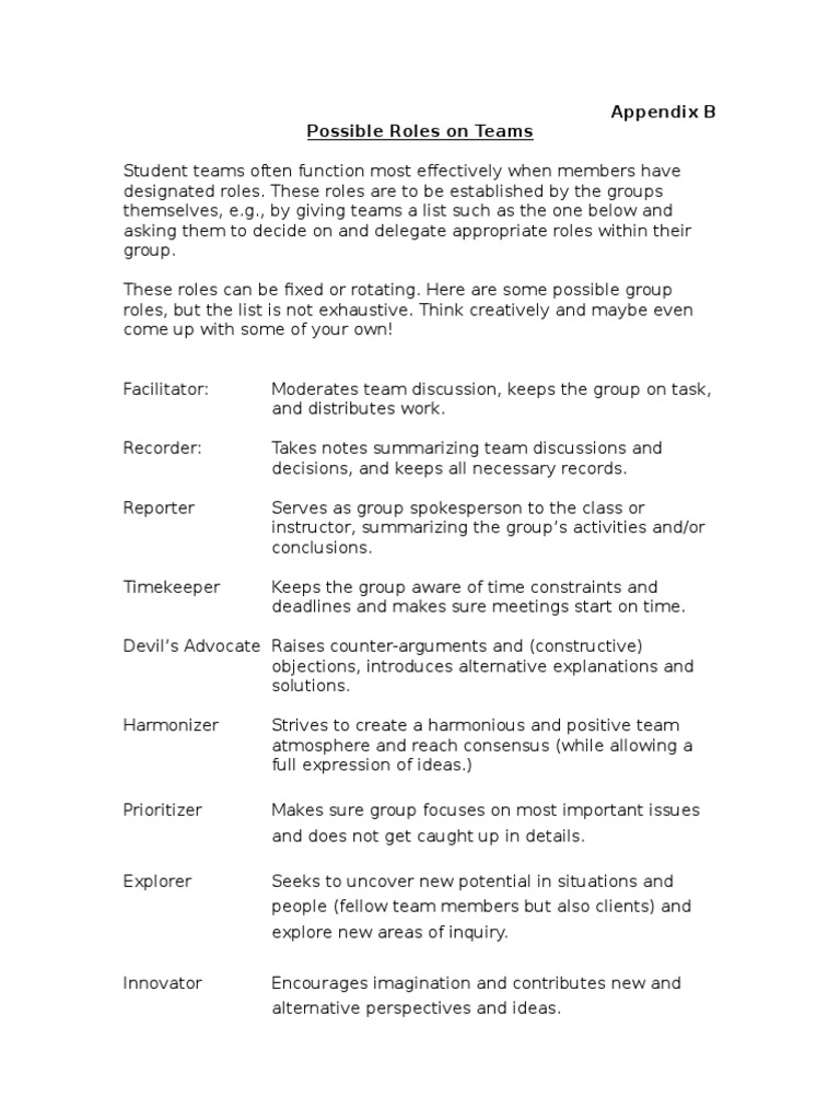Possible Roles On Teams | PDF