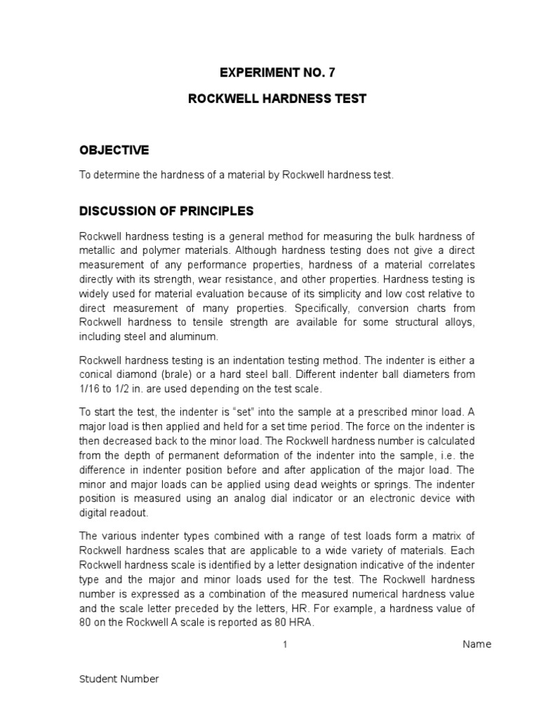 Experiment 7 Rockwell Hardness Test PDF Hardness Materials