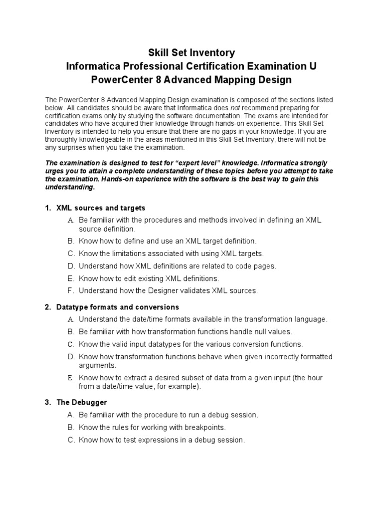 PowerCenter 8 Advanced Mapping Design Exam:Skill Set Inventory | PDF ...