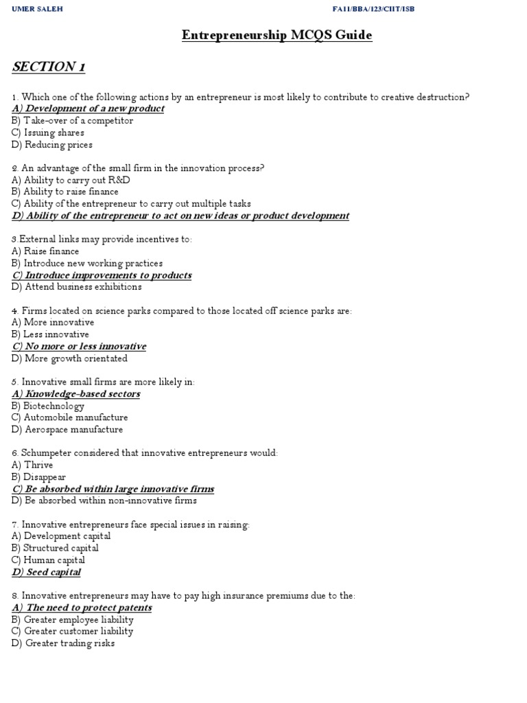 Entrepreneurship MCQS Guide PDF Small Business Entrepreneurship