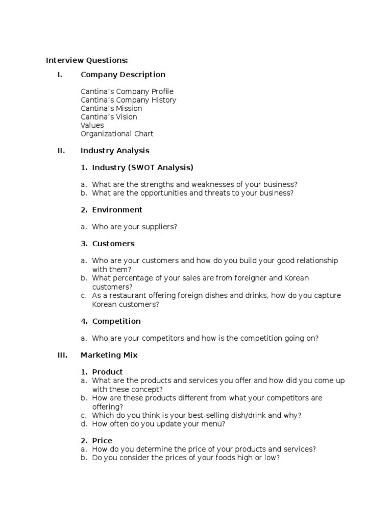 Interview Questions: I. Company Description | PDF | Business