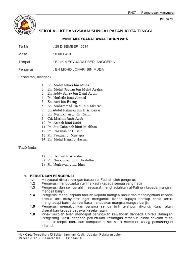Minit Mesyuarat Pengurusan Sekolah