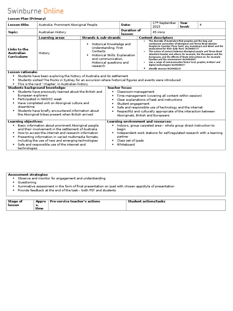 LessonPlanPrimaryAustralian History PDF Indigenous Australians