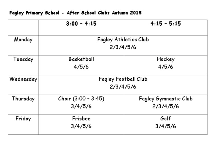 Fagley Primary After School Clubs 2015 | PDF