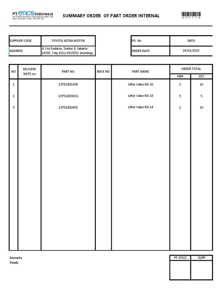 Summary Order of Part Order Internal | PDF
