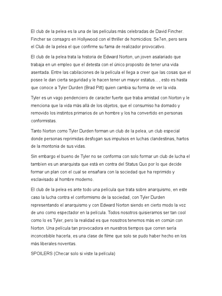 Analisis de La Pelicula El Club de La Pelea PDF