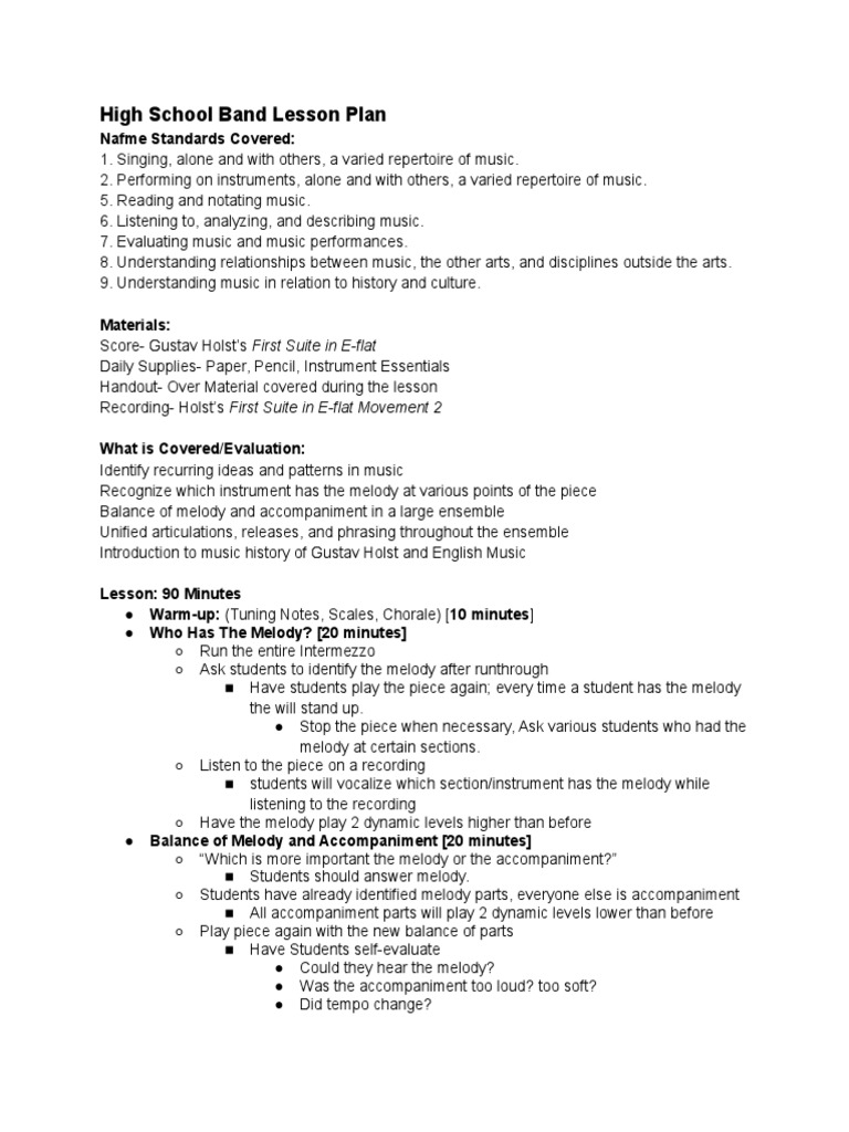 Highschool Band Lesson Plan PDF Music Theory Classical Music