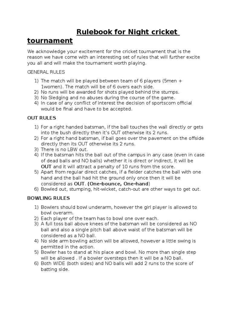 Night Cricket Tournament Rules | PDF | Bowling (Cricket) | Team Sports