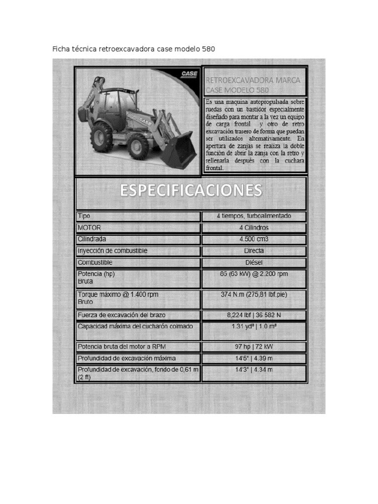 Ficha Técnica Retroexcavadora Case Modelo 580 | PDF
