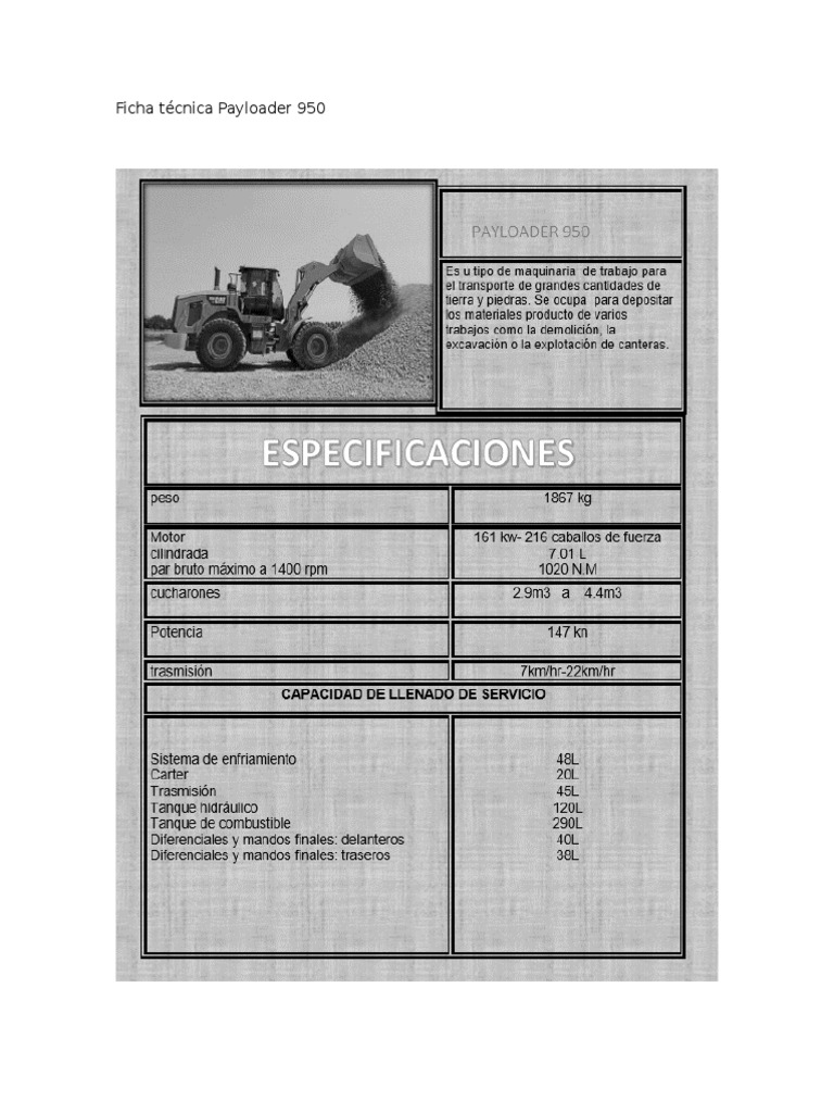 Ficha Técnica Payloader 950 | PDF | Negocios
