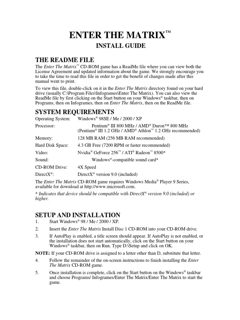 Enter The Matrix Installation Guide | PDF | Technical Support | Computing
