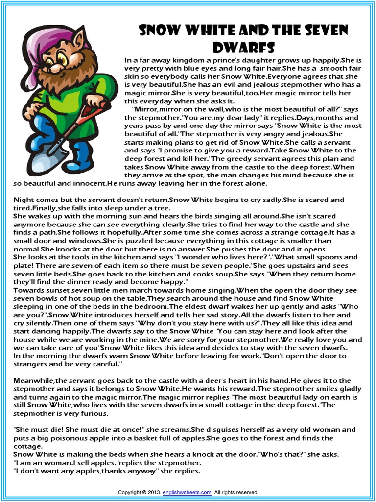 Snow White And The Seven Dwarfs Simple Present Tense Fairy Tale Pdf Snow White