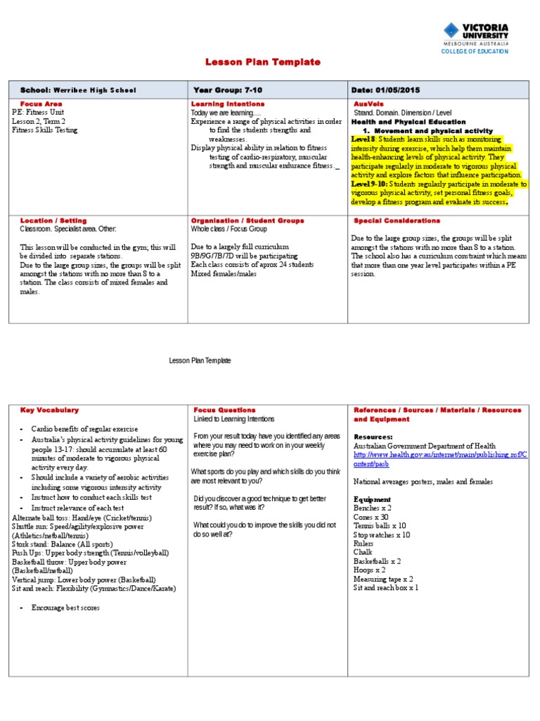2015 Lesson Plan Fitness Skills Test | PDF | Educational Assessment ...