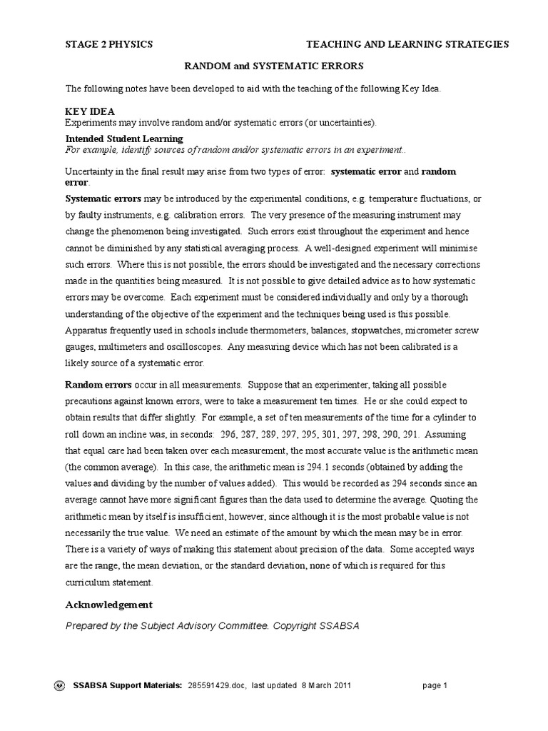 For Example, Identify Sources of Random And/or Systematic Errors in An ...