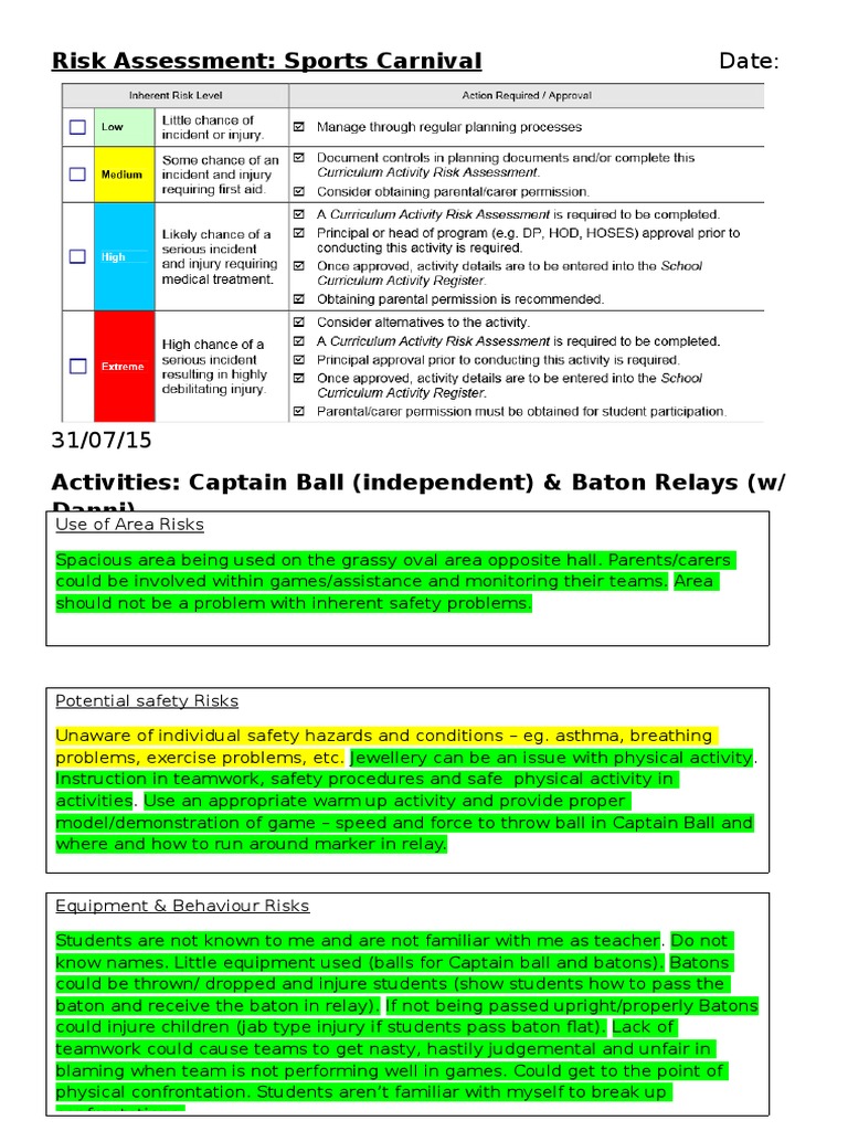 Sports Carnival Risk Assessment Guide | PDF