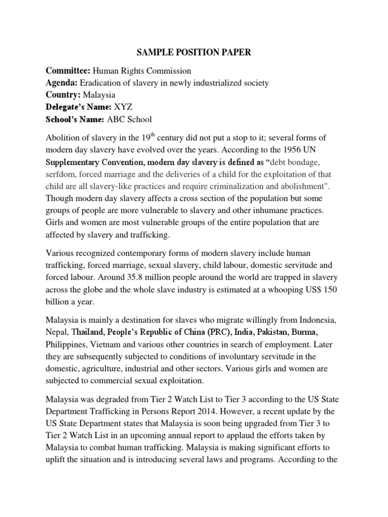 Sample Position Paper 1 Pdf Slavery Sexual Slavery
