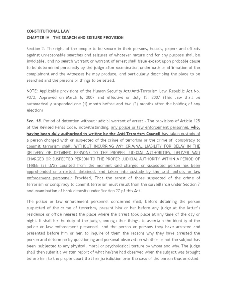 Constitutional Law Chapter Iv - The Search and Seizure Provision | PDF ...