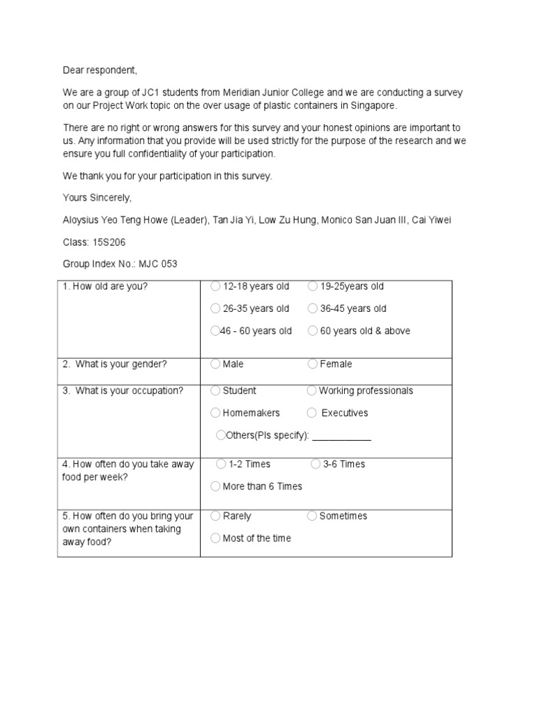 Survey Questionnaire (Use of Plastic Containers) Survey Methodology
