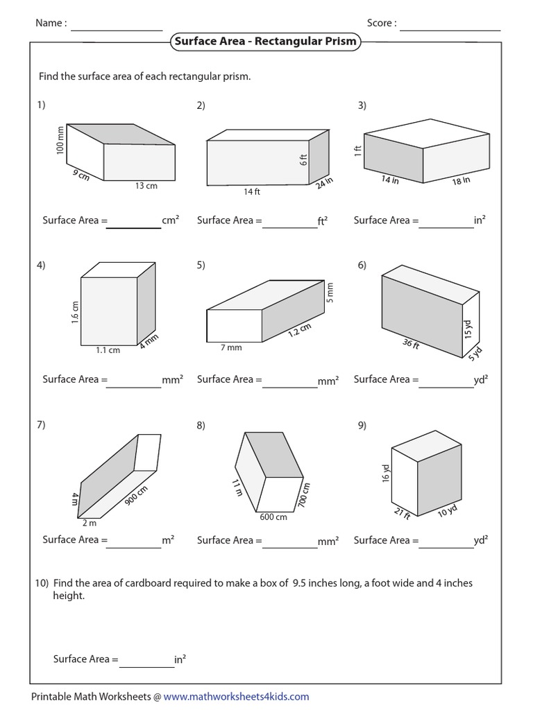 Surface Area of Rectangular Prisms Worksheet | PDF