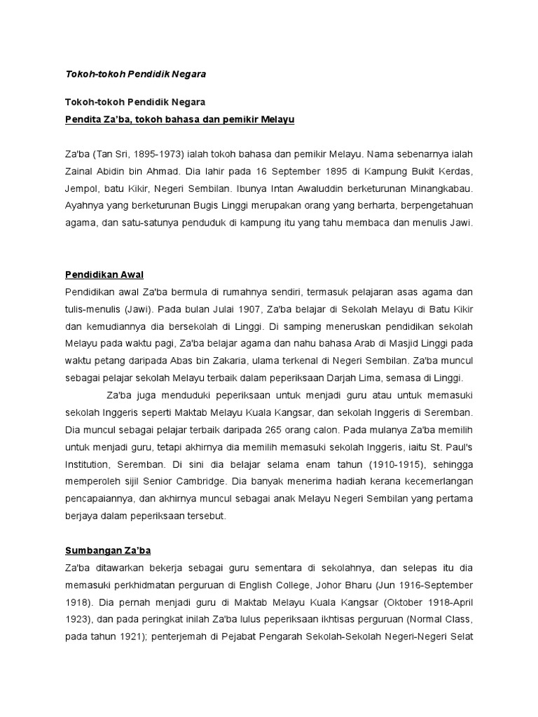 Tokoh Tokoh Pendidik Negara Pendita Za Ba Tokoh Bahasa Dan Pemikir Melayu