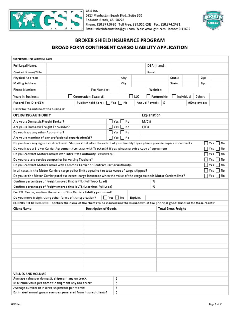 Broker Shield Broad Form Contingent Cargo Application v.C11 ...