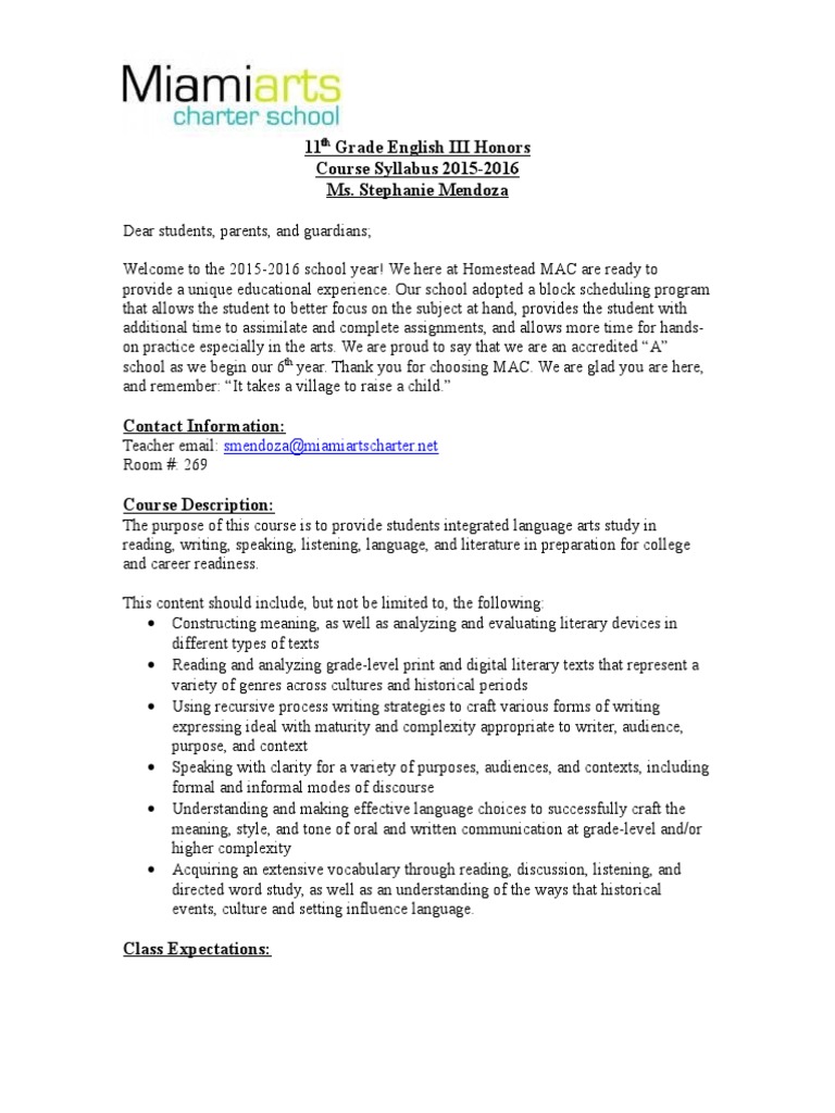 11th grade english syllabus | Homework | Educational Assessment